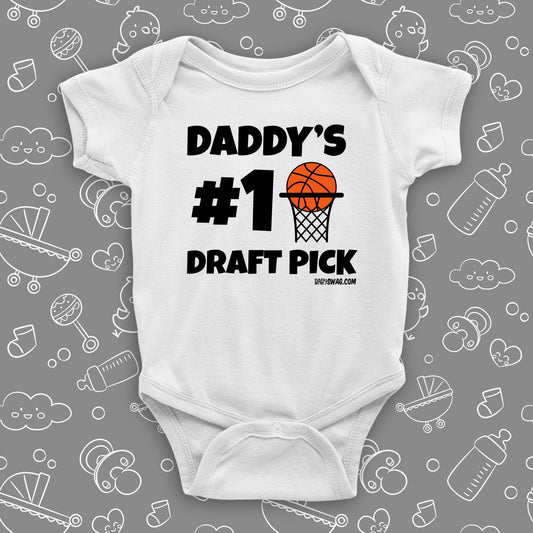 Cute baby onesies with saying "Daddy's #1 Draft Pick" in white.