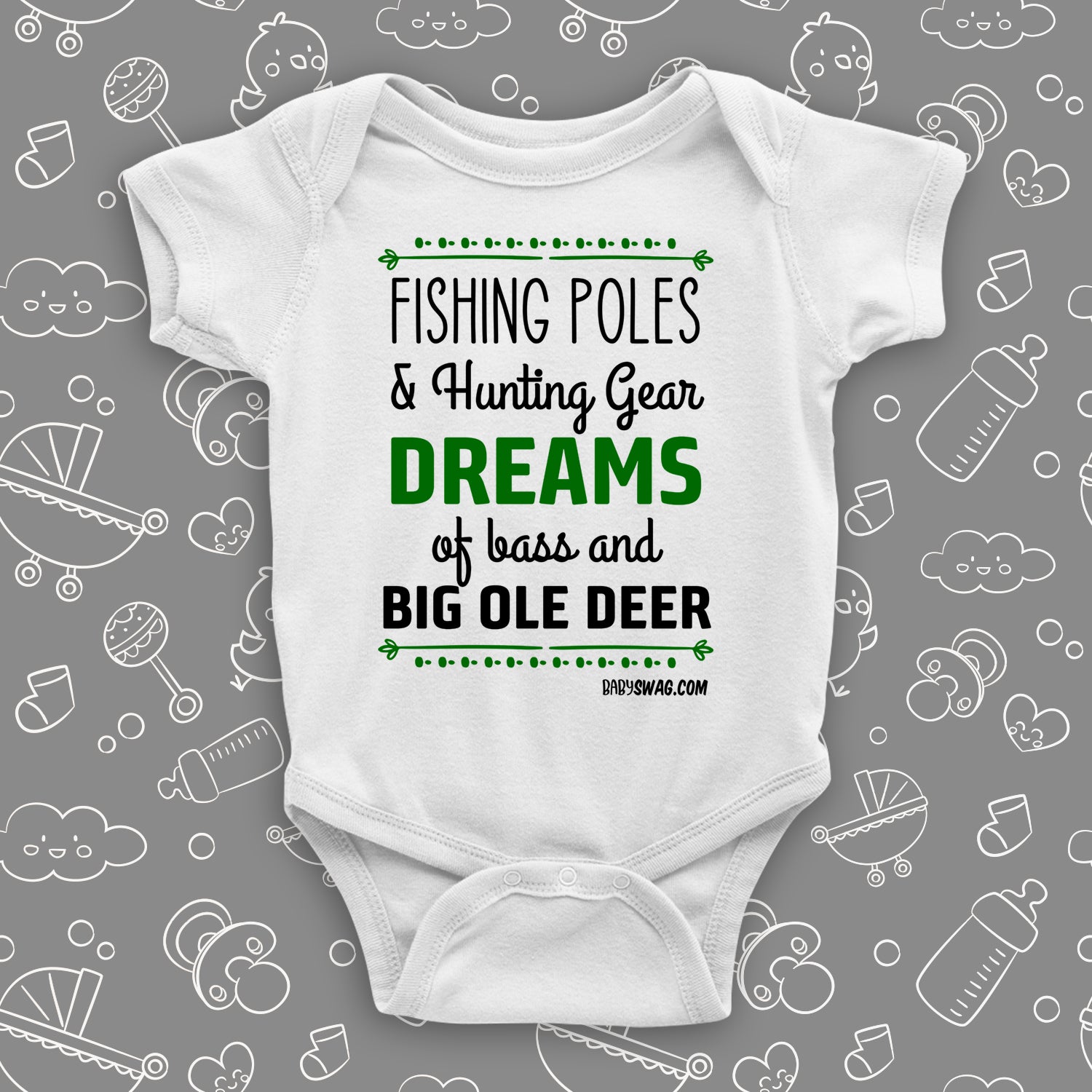 Unique baby onesies with a saying "Fishing Poles and Hunting Gears" in white.