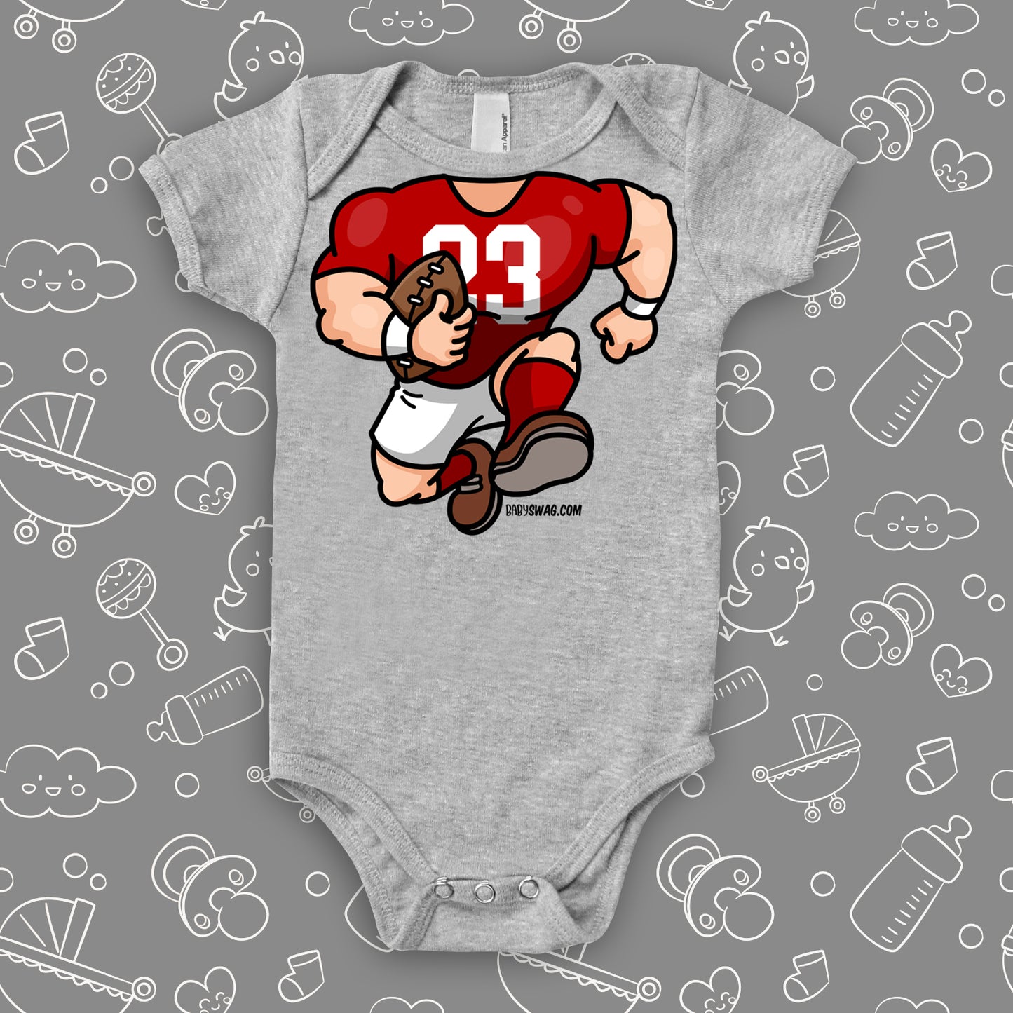 A grey baby boy onesie with football bobblehead