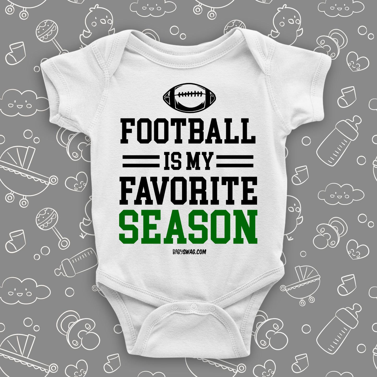 White cool baby boy onesie with print "Football is my favorite season".