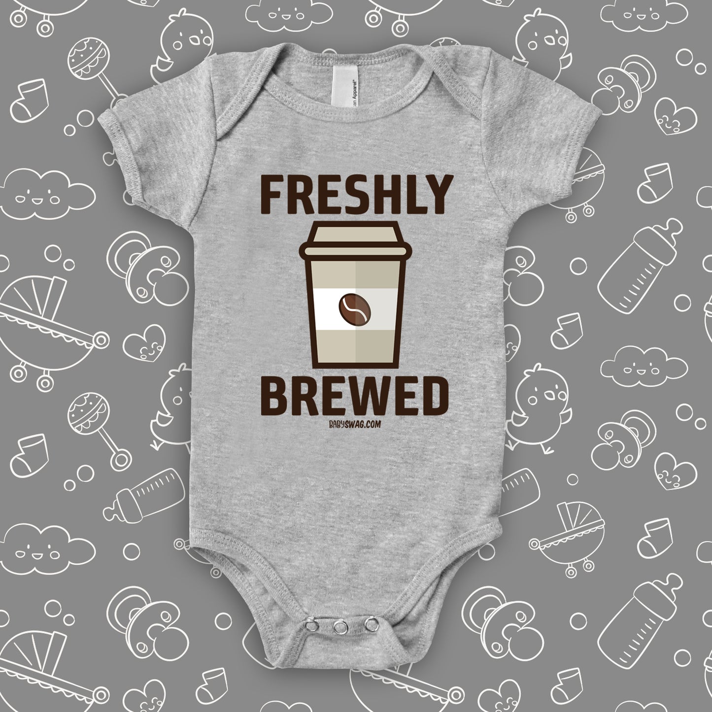 Grey cool baby onesie with "Freshly brewed" print and an image of a coffee-to-go cup.