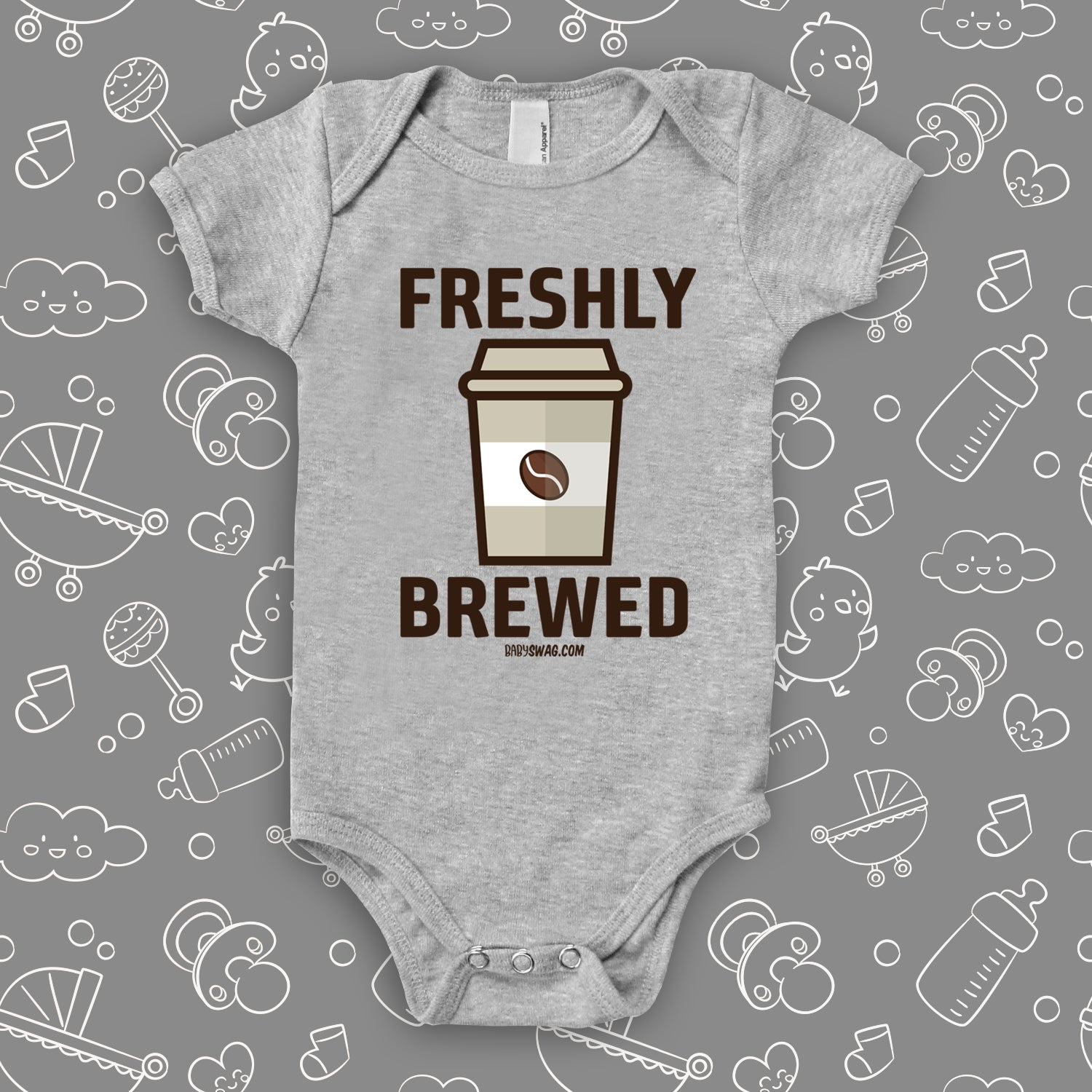 Grey cool baby onesie with "Freshly brewed" print and an image of a coffee-to-go cup.