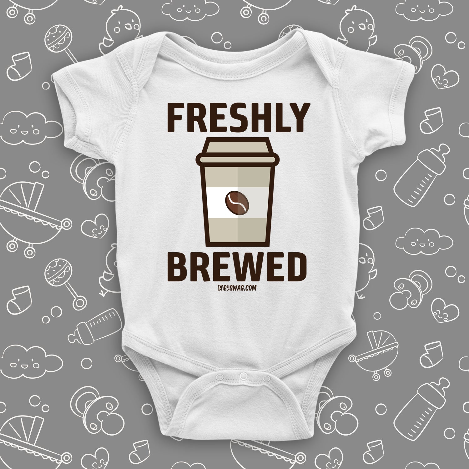 White cool baby onesie with "Freshly brewed" print and an image of a coffee-to-go cup.