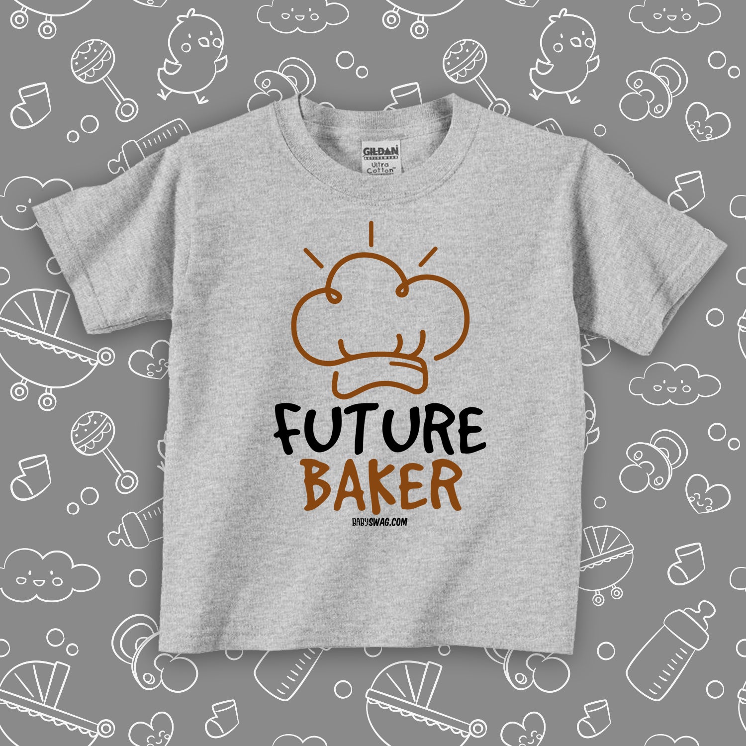 Grey toddler shirt with "Future baker" print and a drawing of baker's hat.
