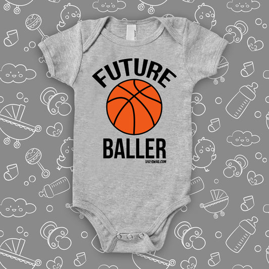 The "Future Baller" cool baby onesies in grey.