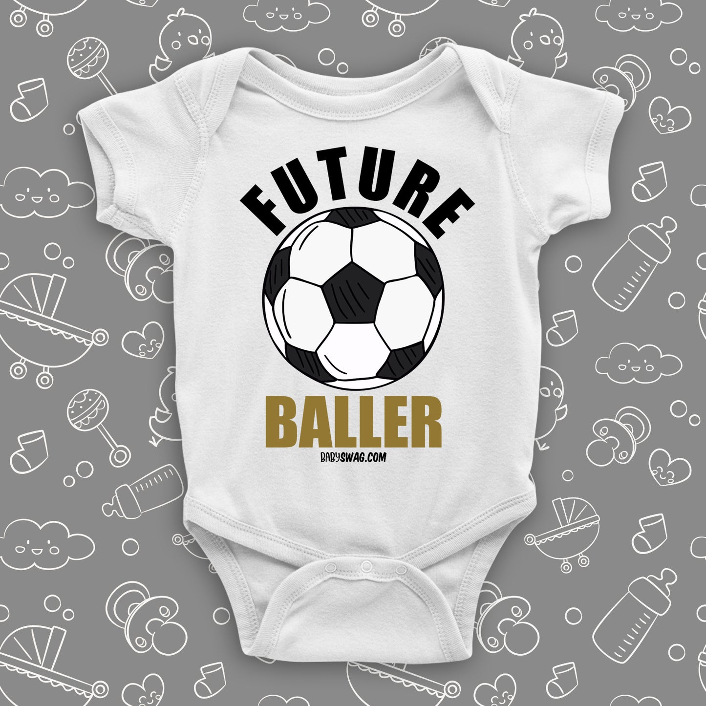 Cute baby boy onesies with the caption "Future Baller" in white.