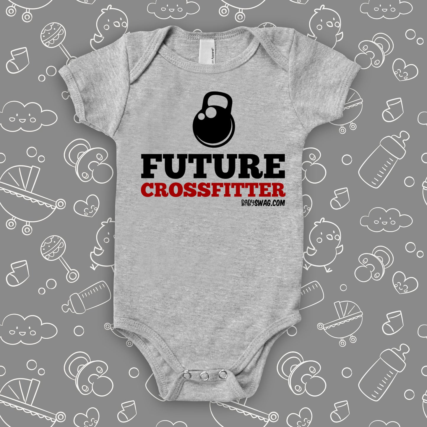 The "Future Crossfitter" cute baby onesies in grey.