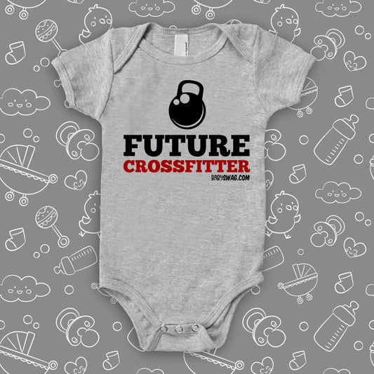 The "Future Crossfitter" cute baby onesies in grey.