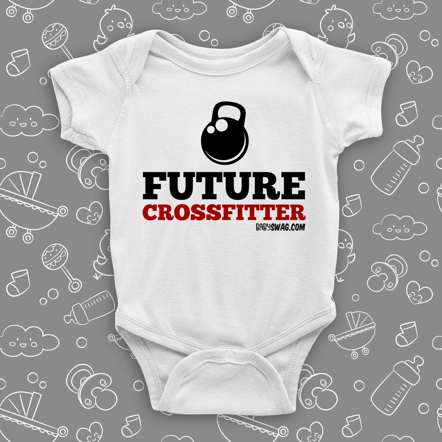 The "Future Crossfitter" cute baby onesies in white.