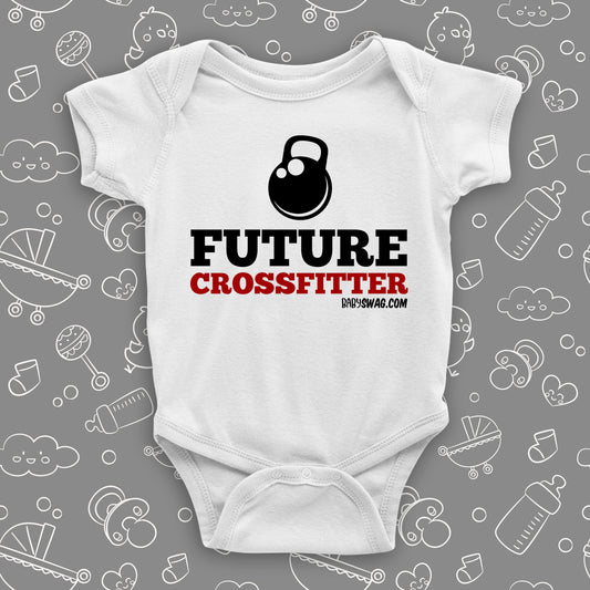 The "Future Crossfitter" cute baby onesies in white.