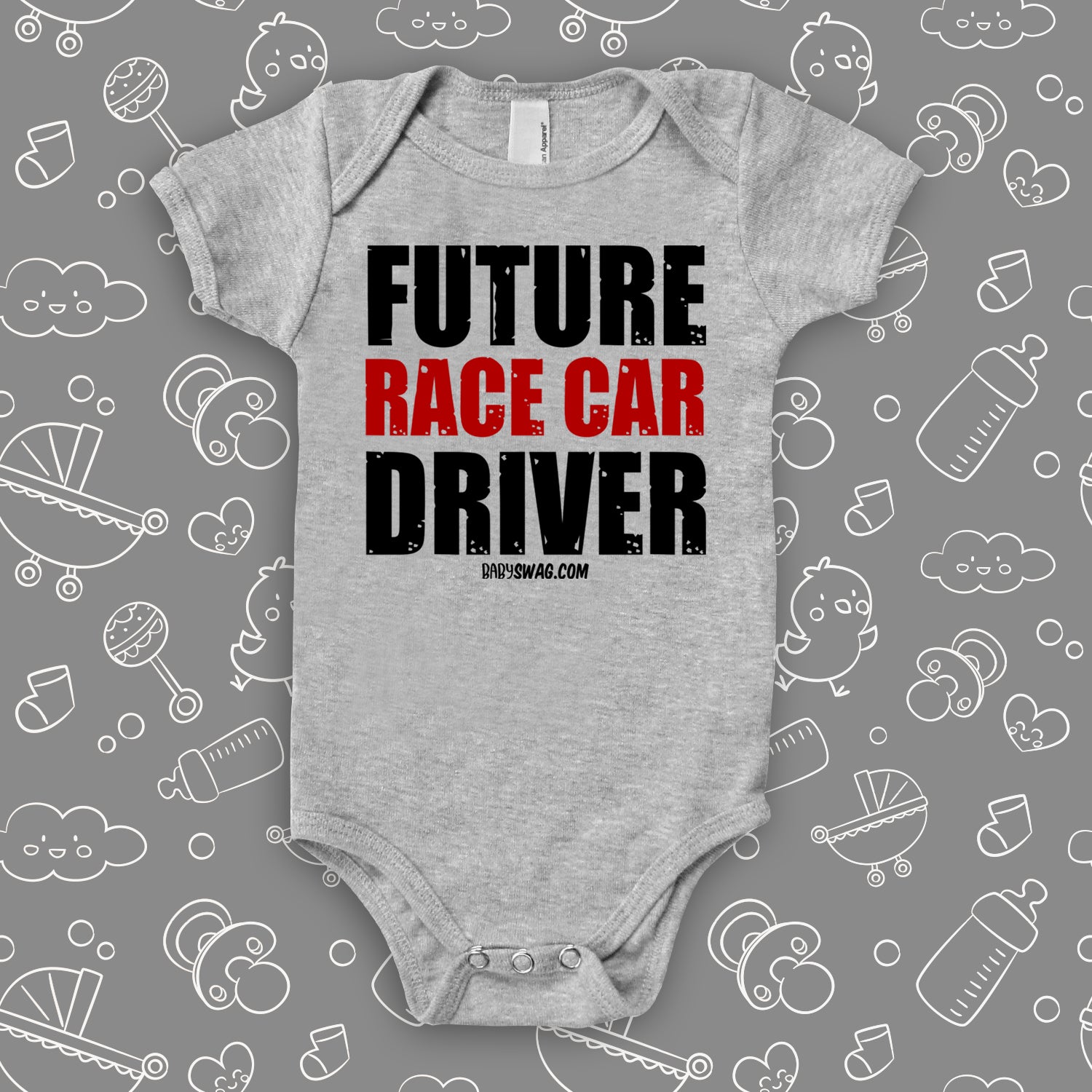 Cute baby onesies with saying "Future Race Car Driver" in grey.