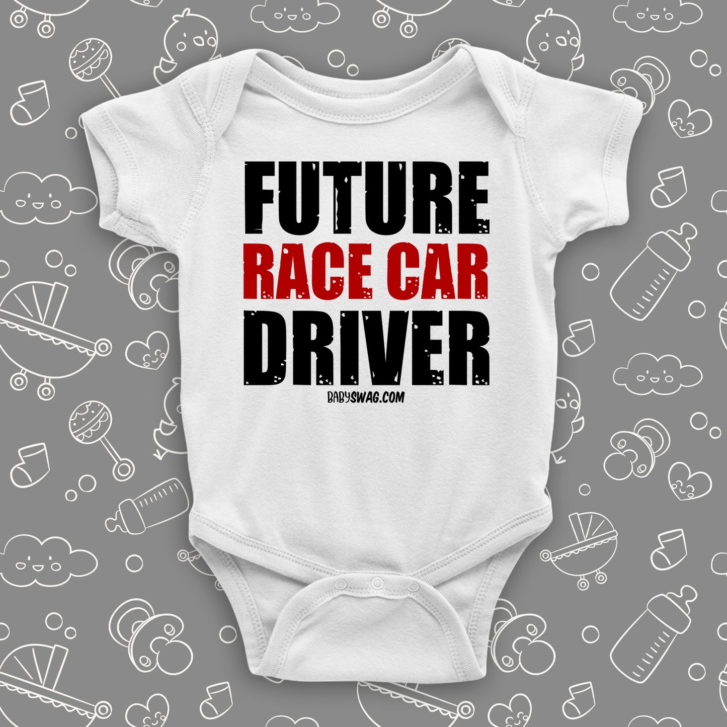 Cute baby onesies with saying "Future Race Car Driver" in white.