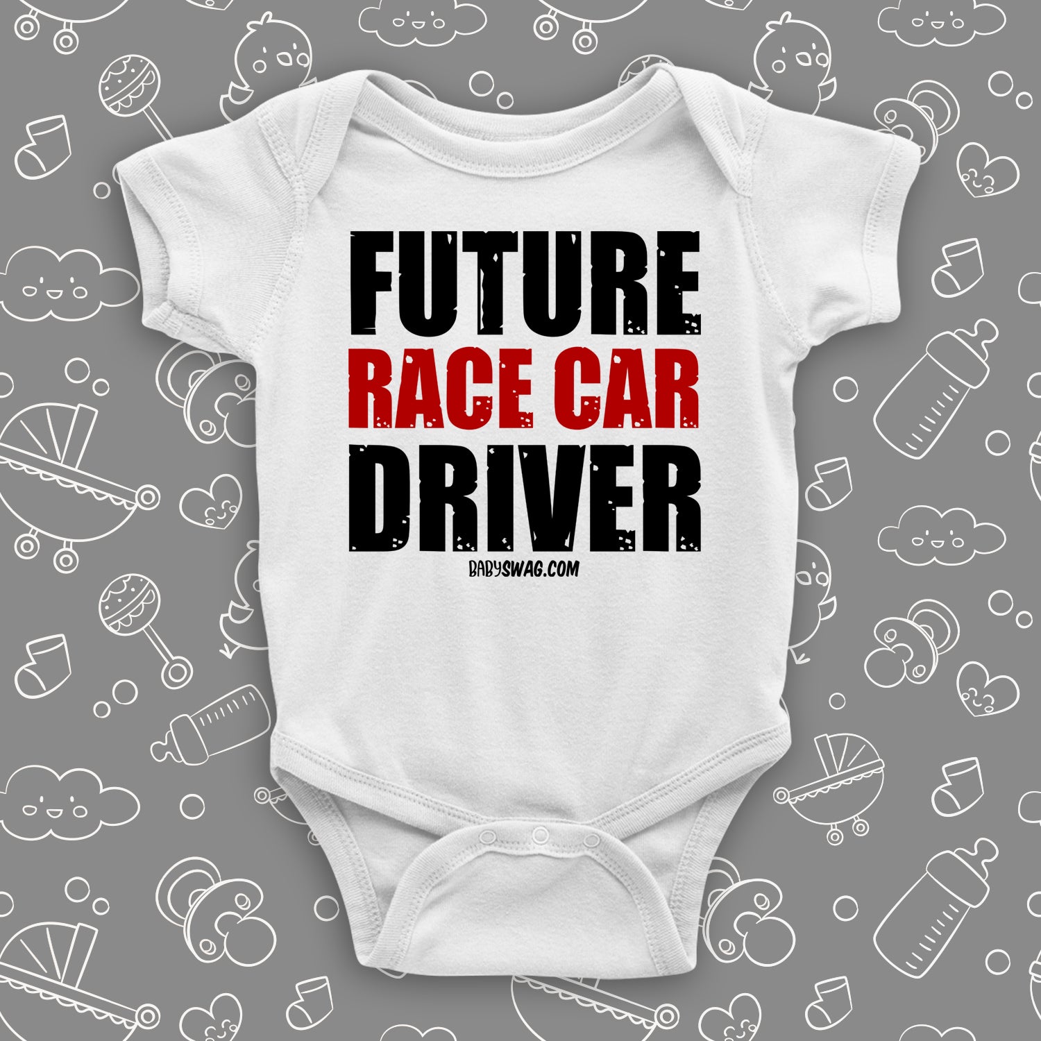 Cute baby onesies with saying "Future Race Car Driver" in white.