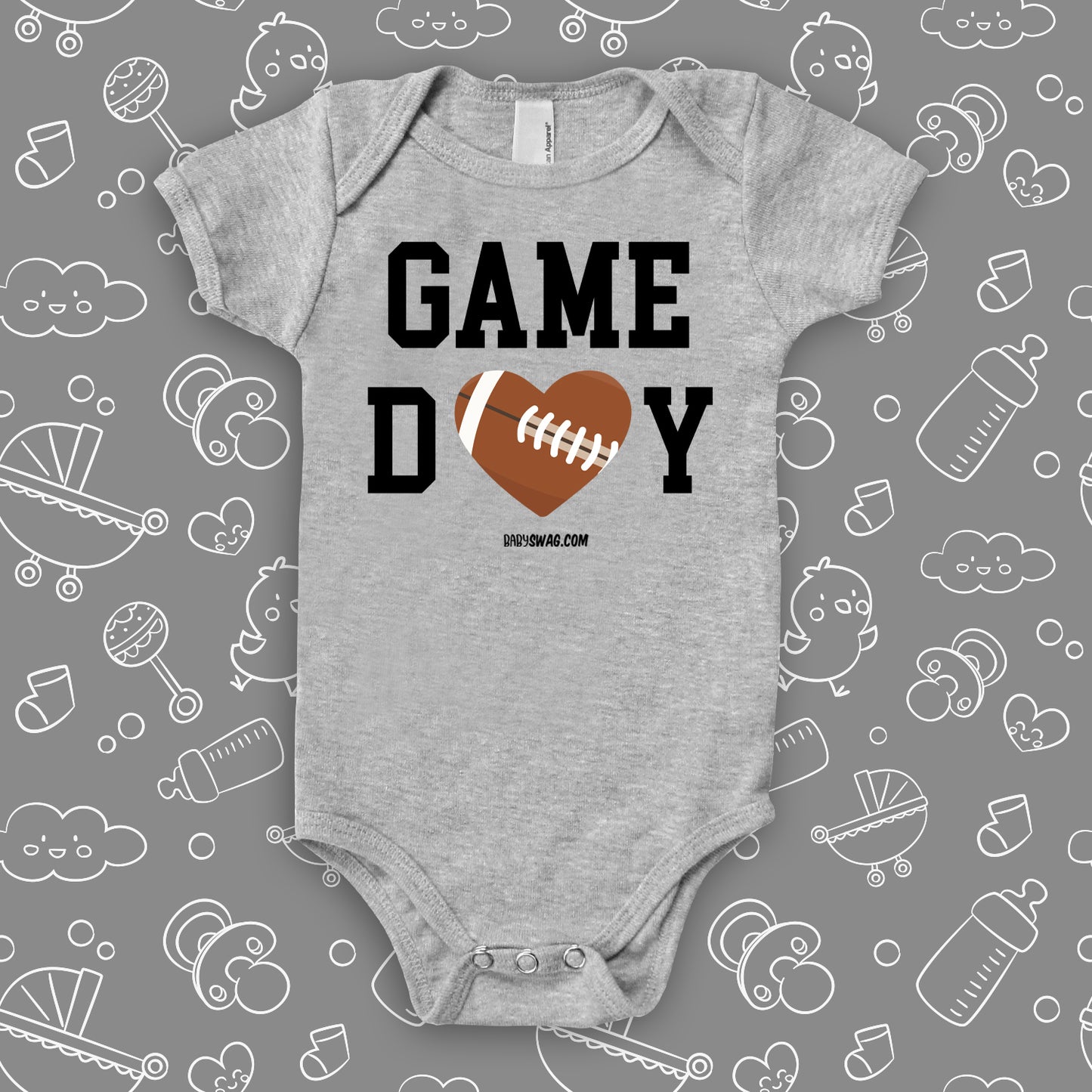 The "Game Day" cool baby onesies in grey.