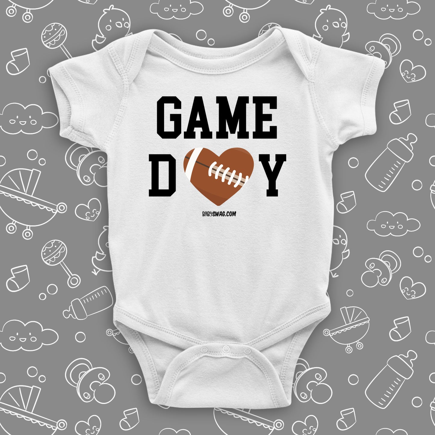 The "Game Day" cool baby onesies in white.