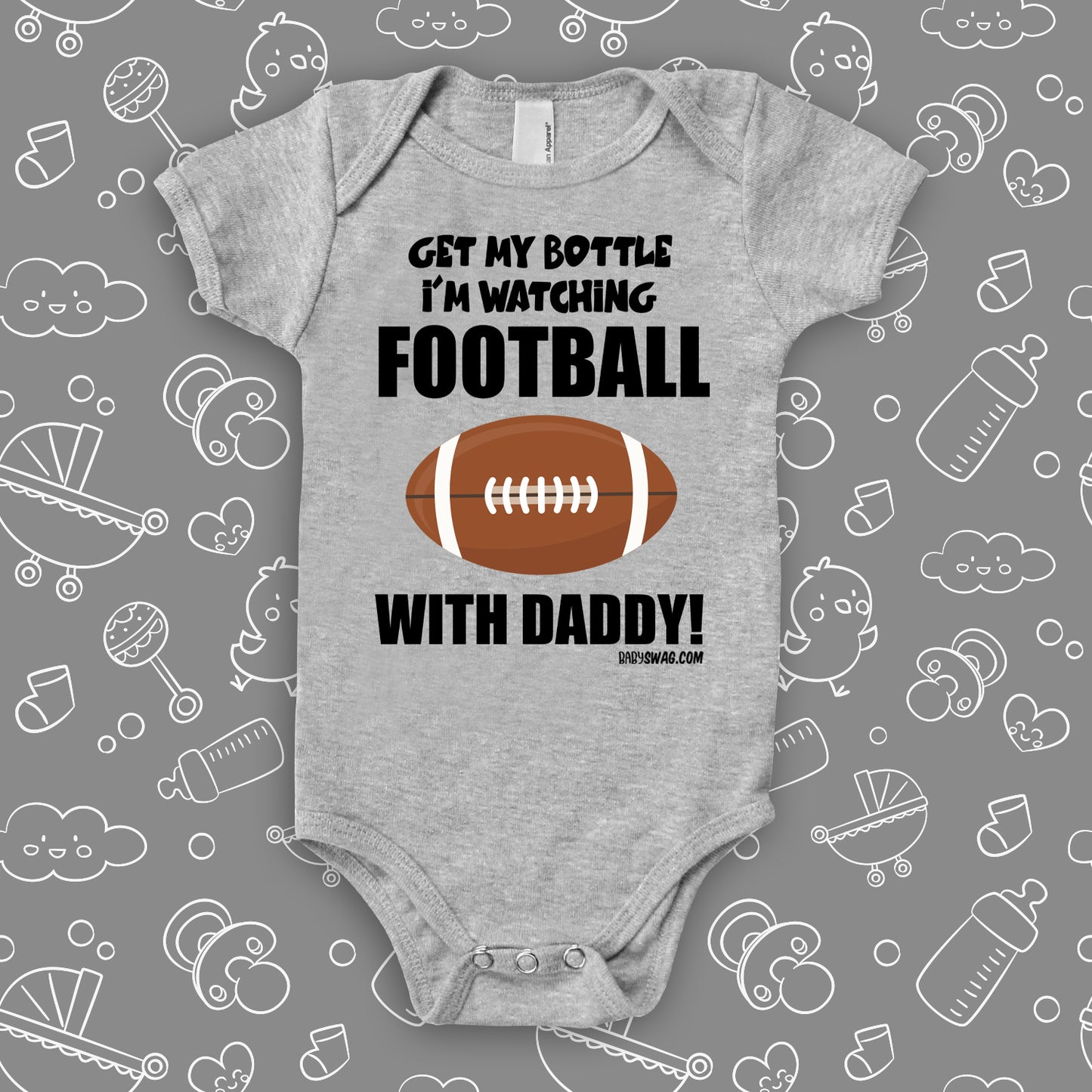 Cute baby boy onesies with saying "Get My Bottle I'm Watching Football With daddy"