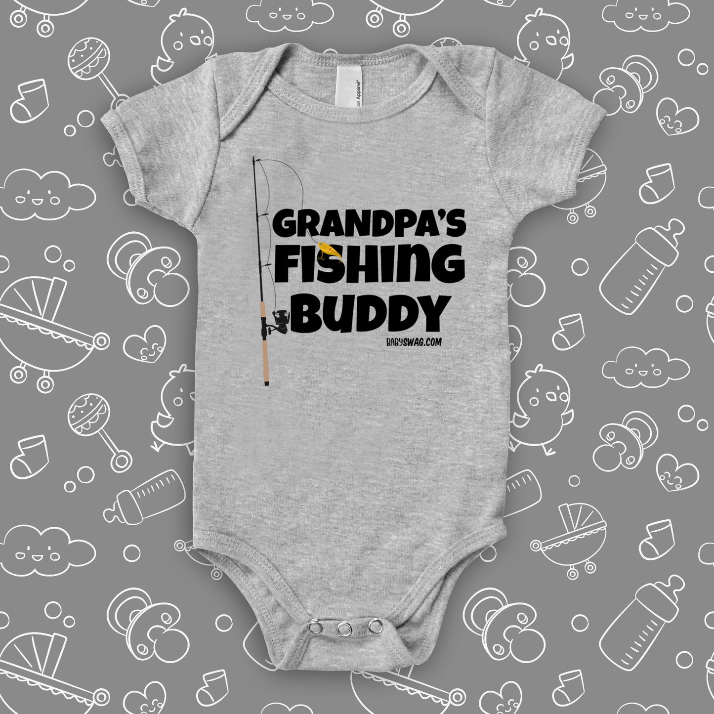 Cute baby onesies with a saying "Grandpa's Fishing Buddy" in grey.