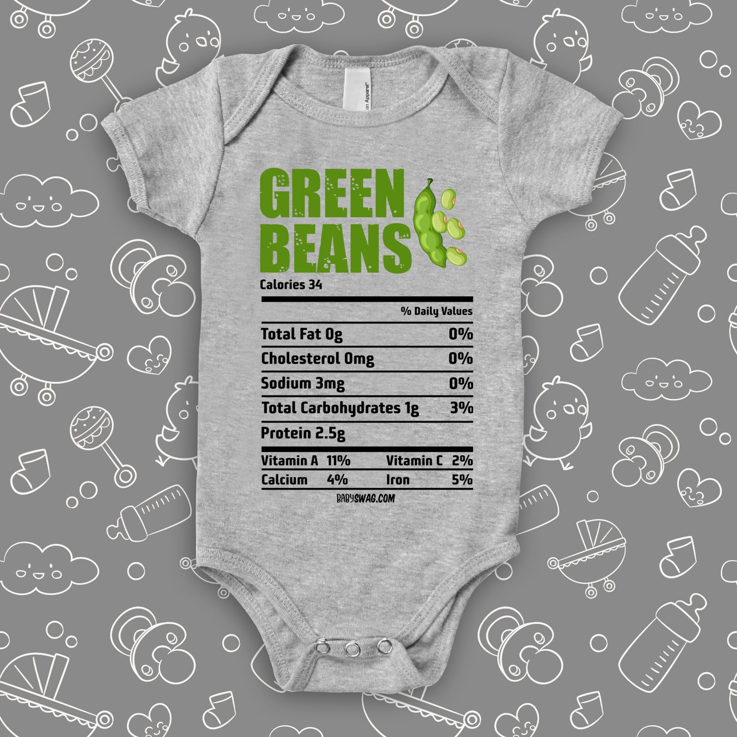 The "Green Beans Nutrition Facts" graphic baby onesies in grey.