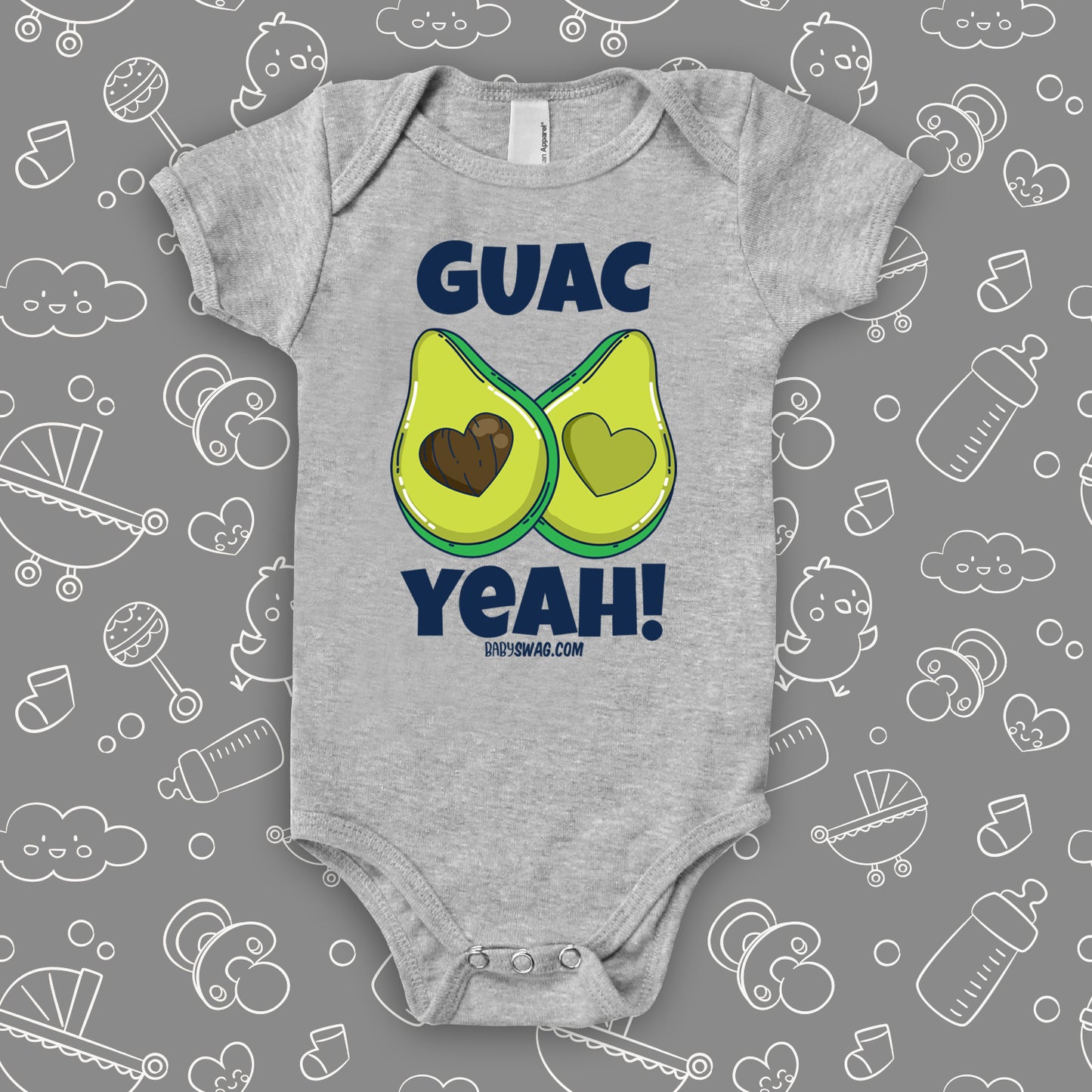 Grey unique baby onesie with "Guac Yeah!" print and image of avocade with heart-shaped stone.