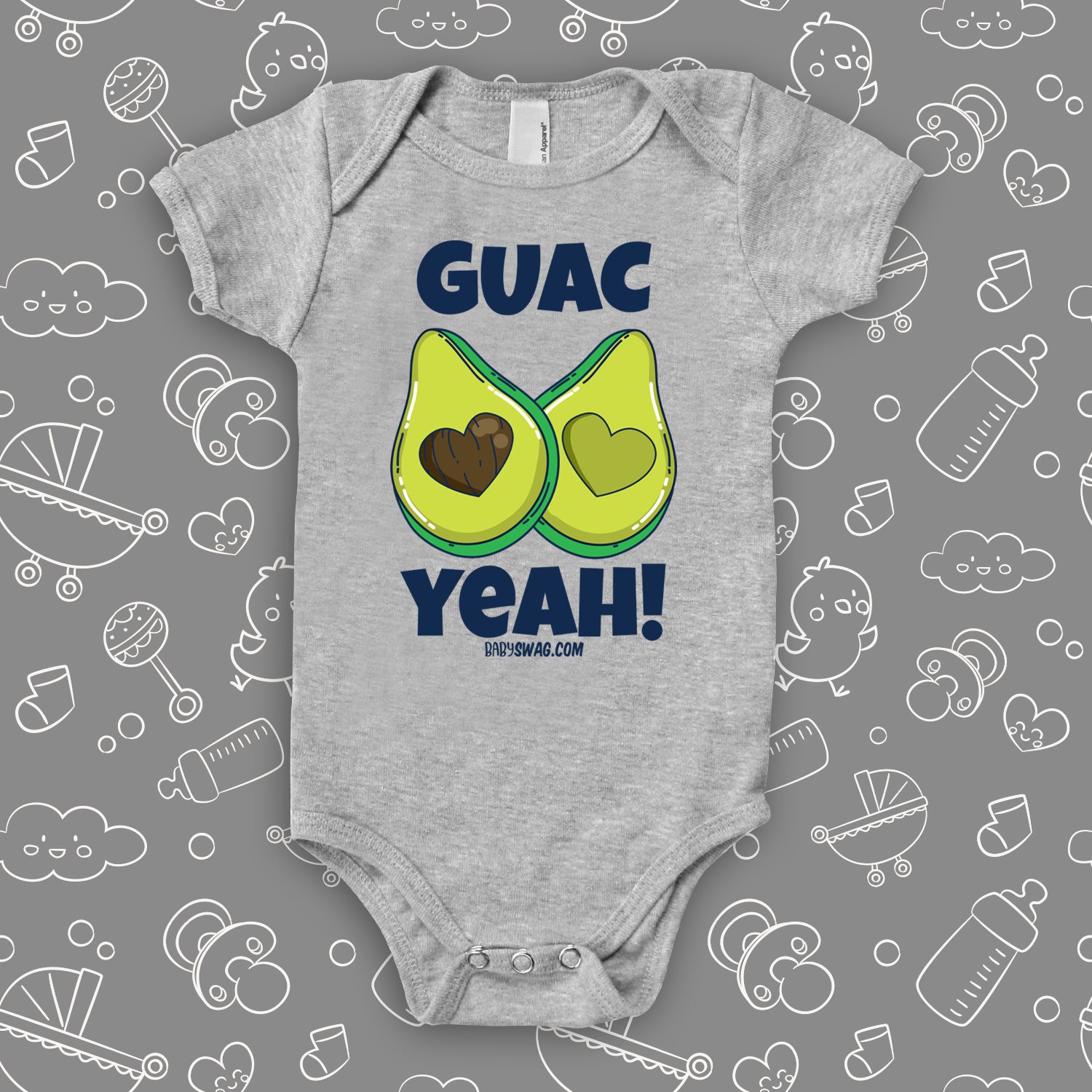 Grey unique baby onesie with "Guac Yeah!" print and image of avocade with heart-shaped stone.