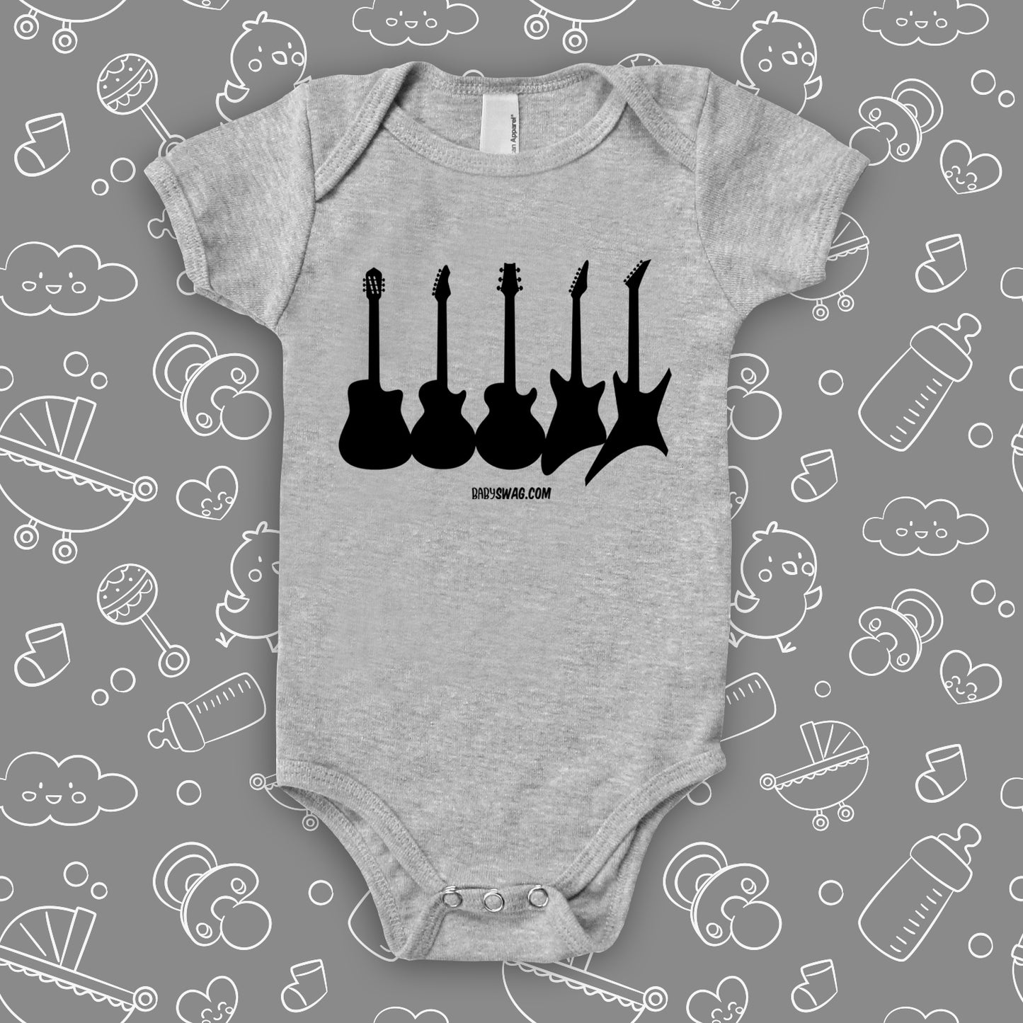 Rock N Roll onesies with saying "Guitar Collections" in grey.