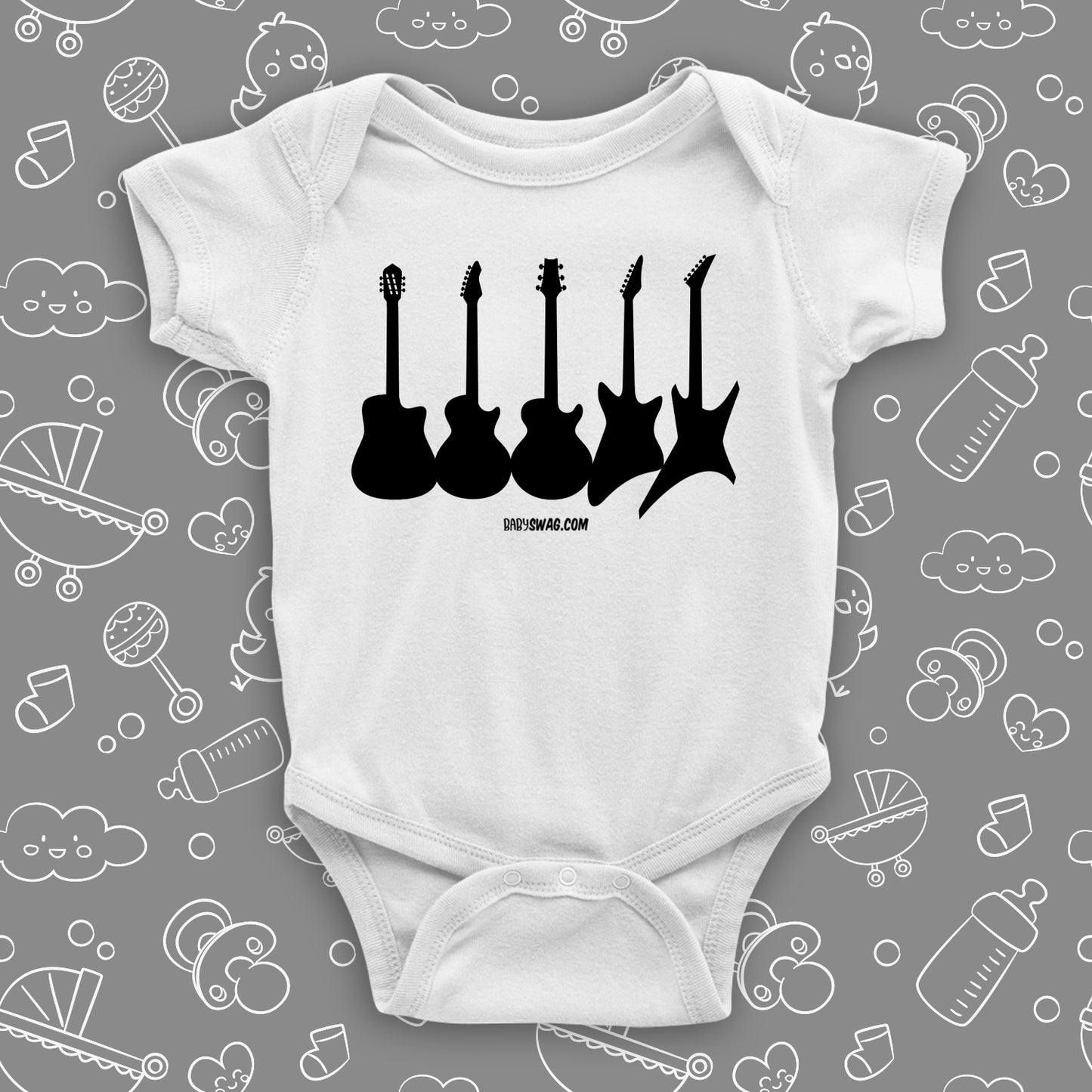 Rock N Roll onesie with saying "Guitar Collections" in white.