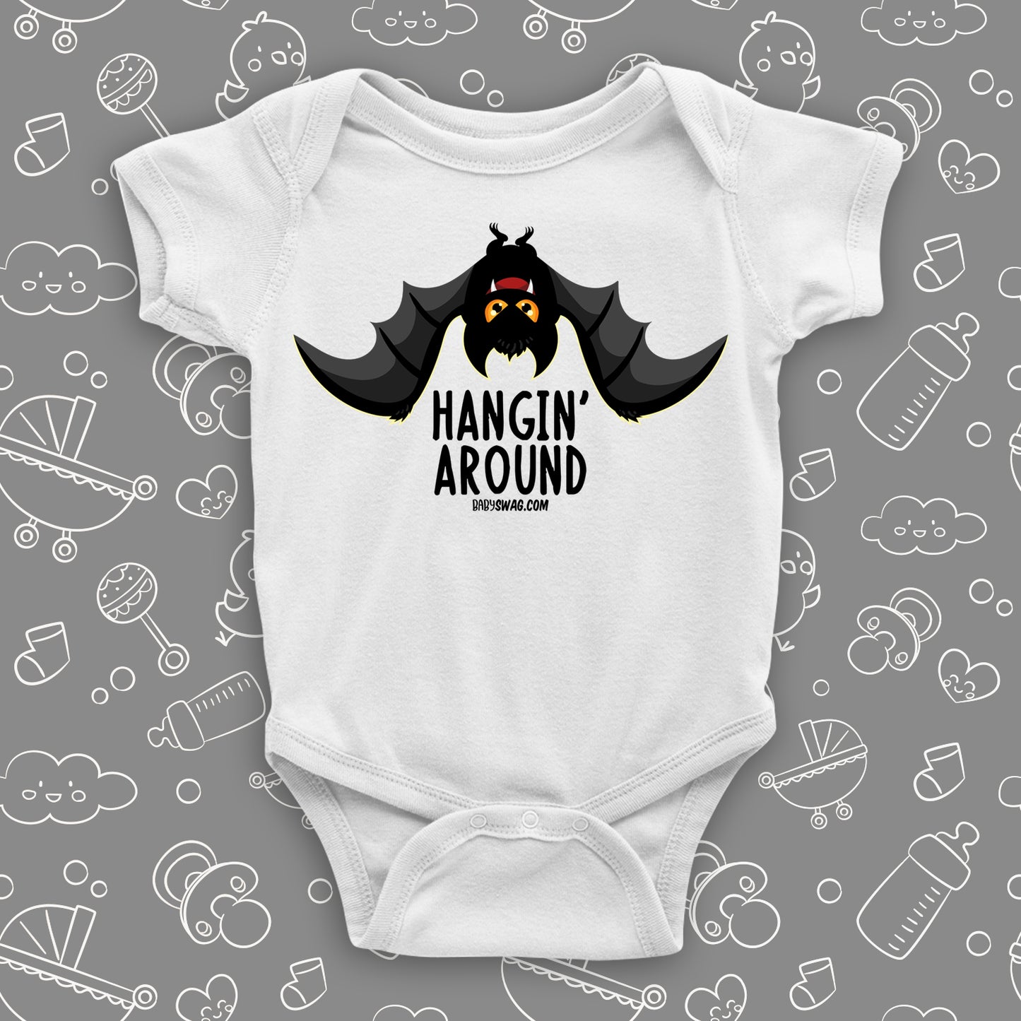 White cute baby onesies saying "Hangin' Around" with an image of a bat.