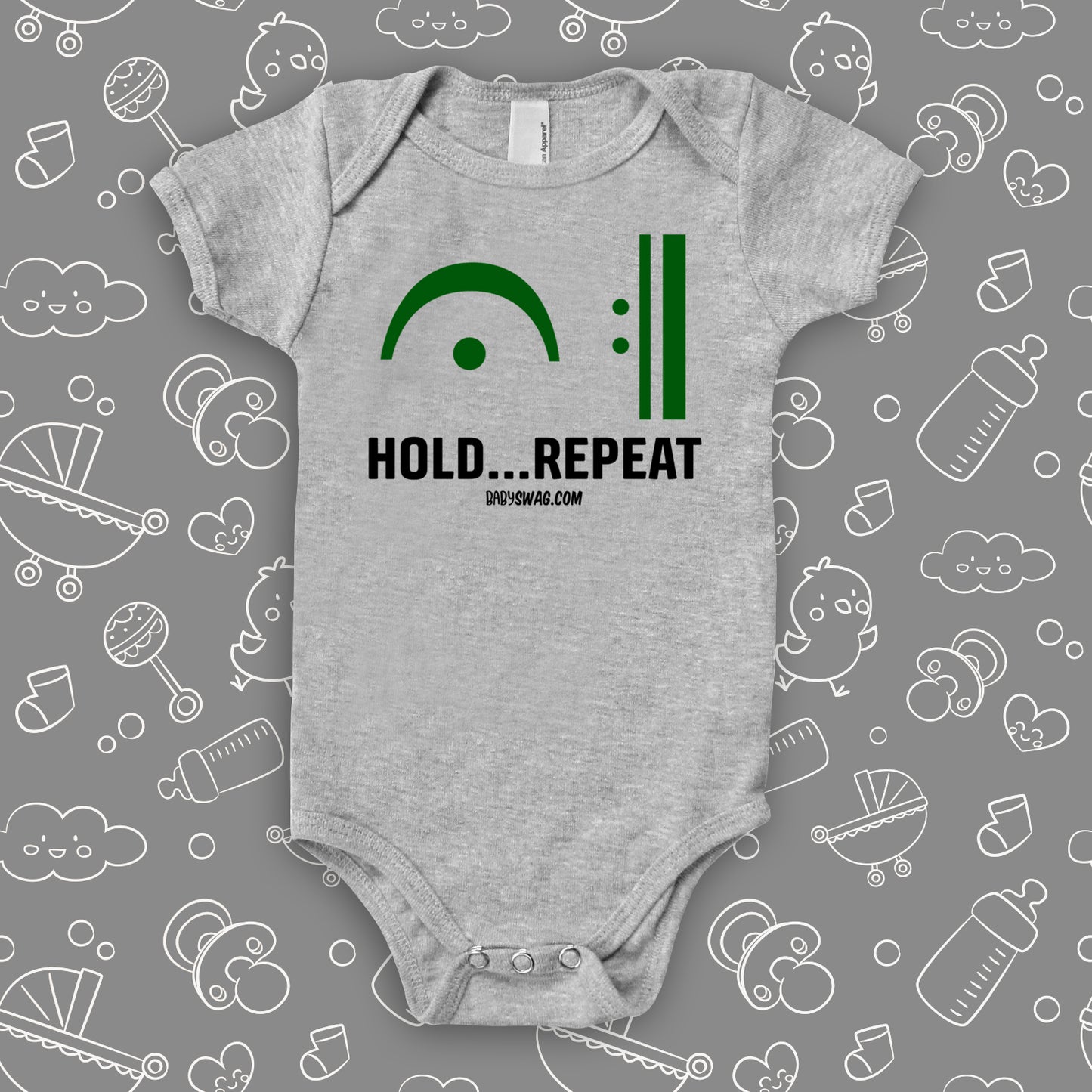 The "Hold Repeat" graphic baby oneises in grey.