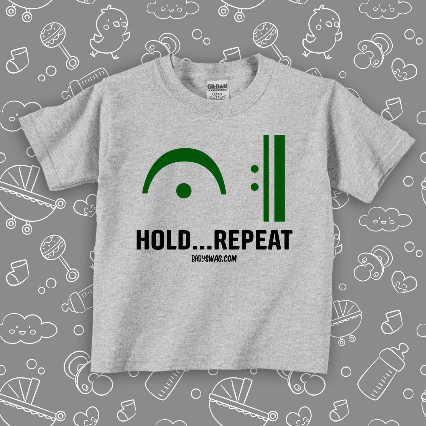 The "Hold Repeat" cute toddler shirt in grey.