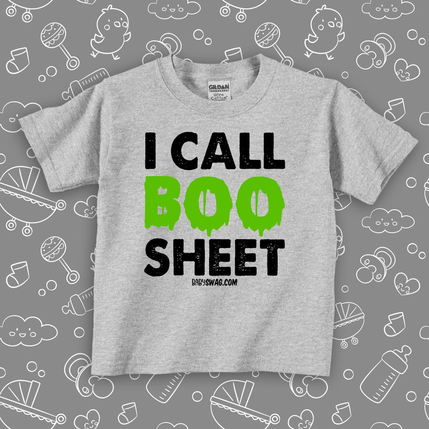 Funny toddler shirt with saying "I Call Boo Sheet" in grey.
