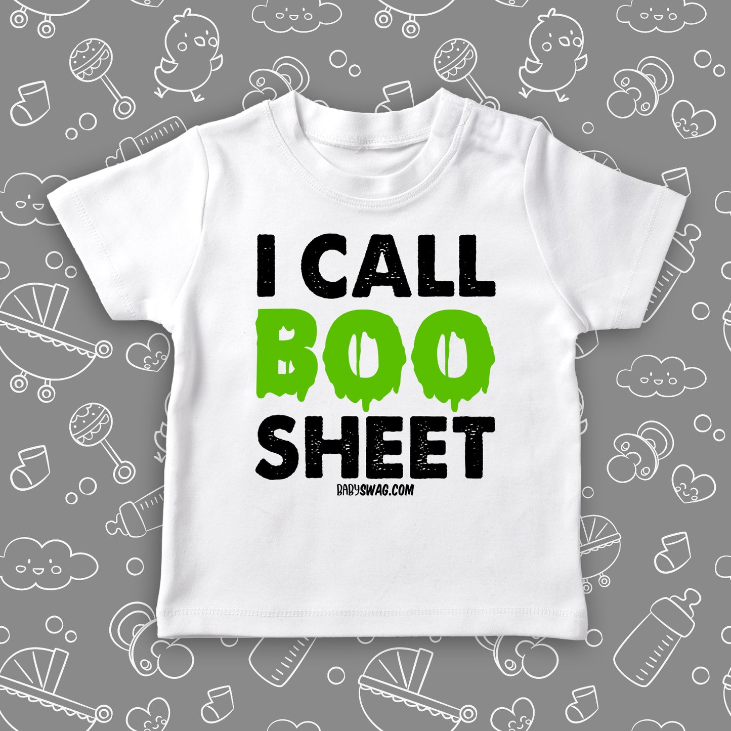 Funny toddler shirt with saying "I Call Boo Sheet" in white.