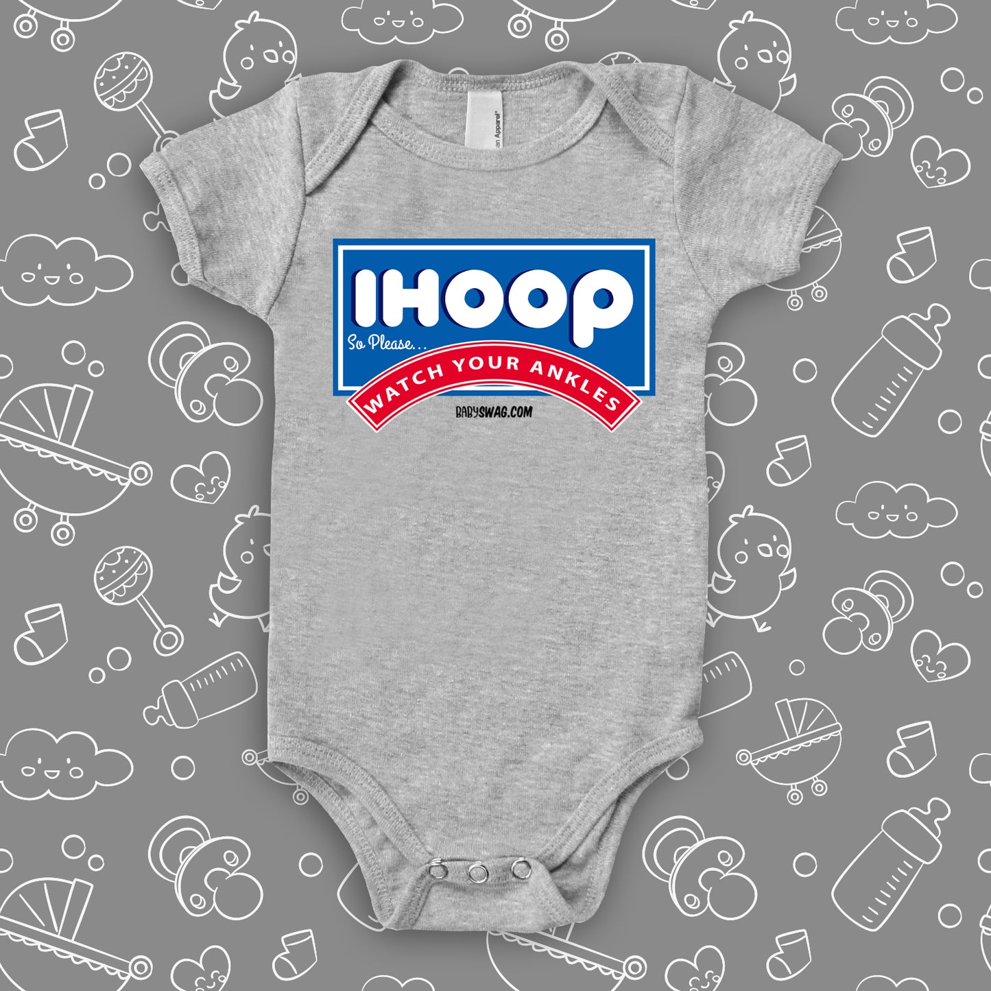 Funny baby boy onesies with saying "I Hoop So Please Watch Your Ankle" in grey.