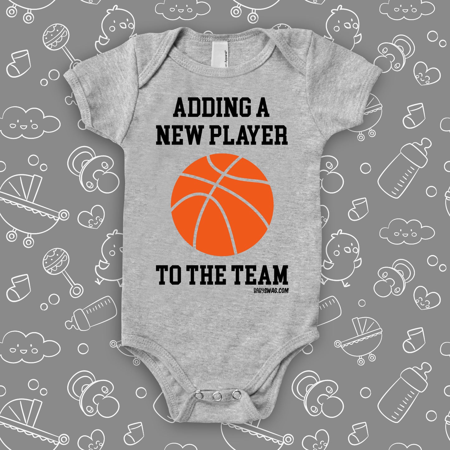 Unique baby onesies with saying "Adding A New Player To The Team" in white.