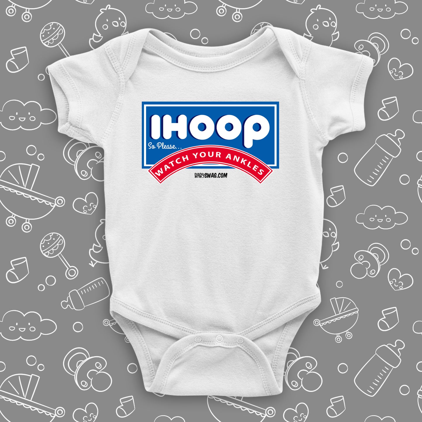 Funny baby boy onesies with saying "I Hoop So Please Watch Your Ankle" in white.