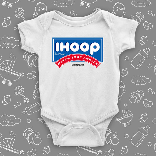 Funny baby boy onesies with saying "I Hoop So Please Watch Your Ankle" in white.