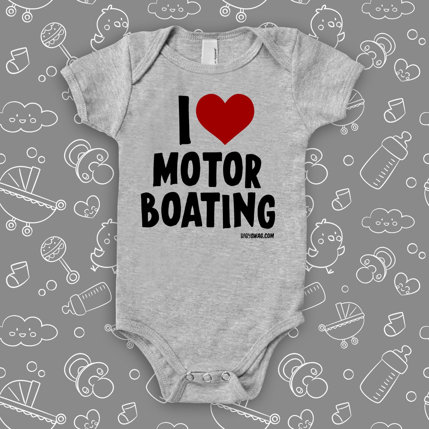 The ''I Love Motor Boating'' swag baby clothes in grey.