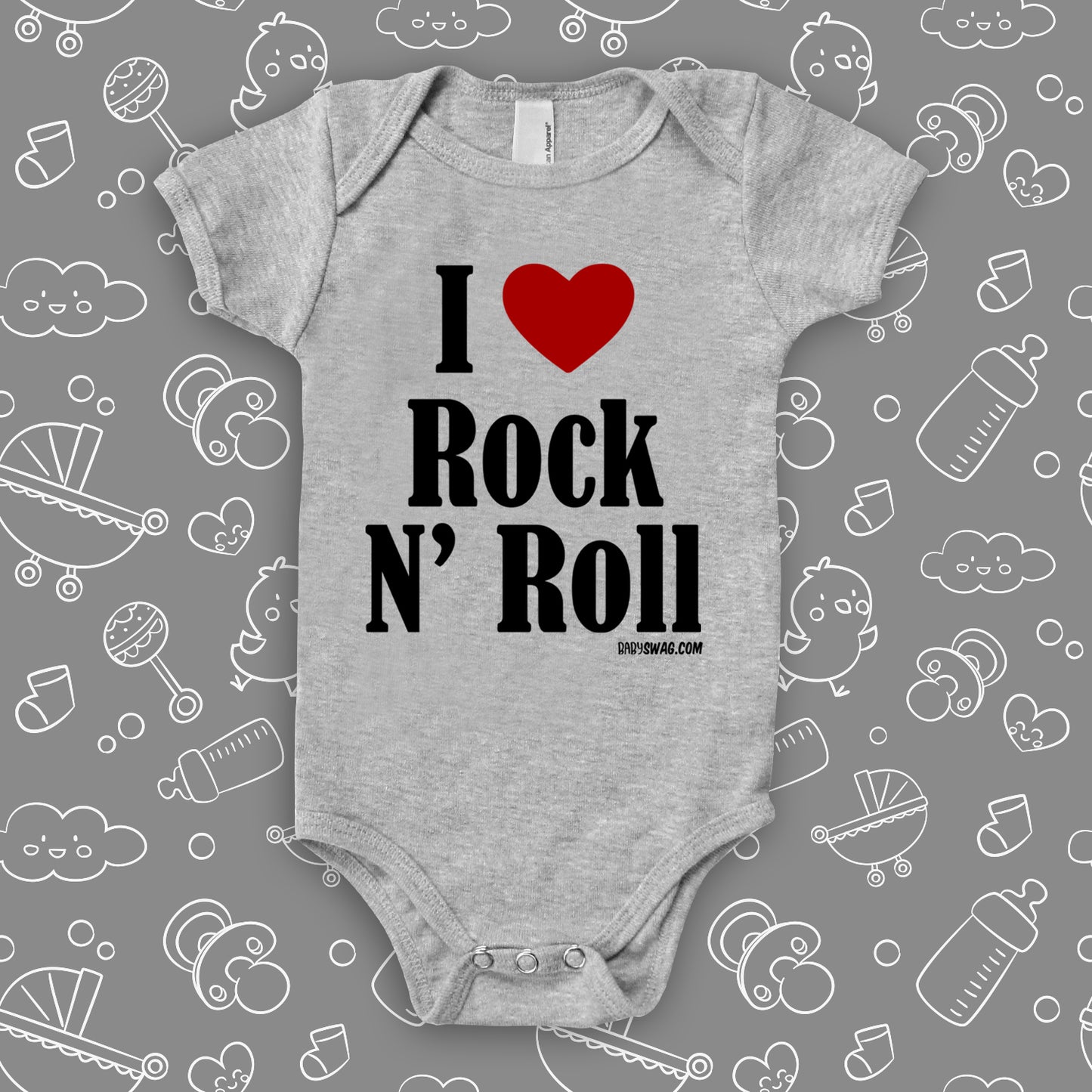 The "I Love Rock and Roll" badass baby onesies in grey.