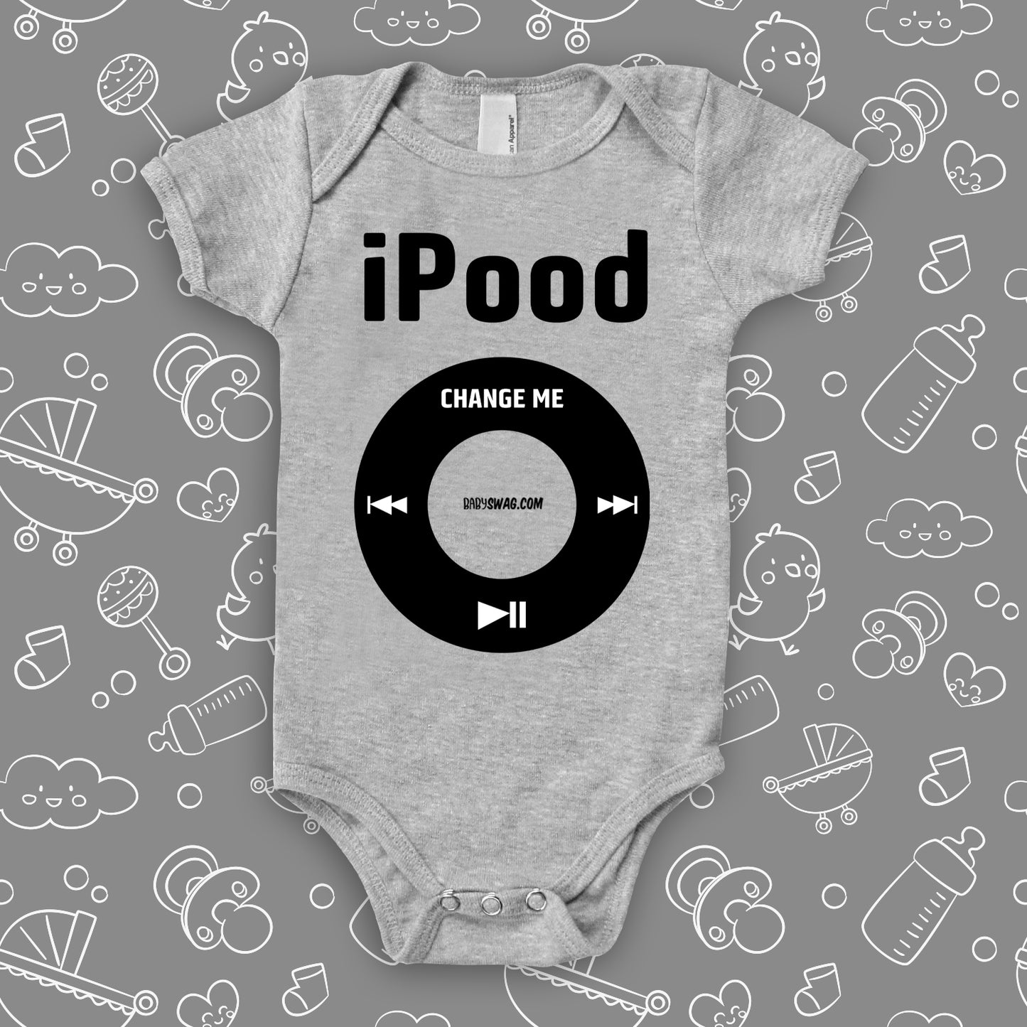 The "I Pood" graphic baby onesies in grey.