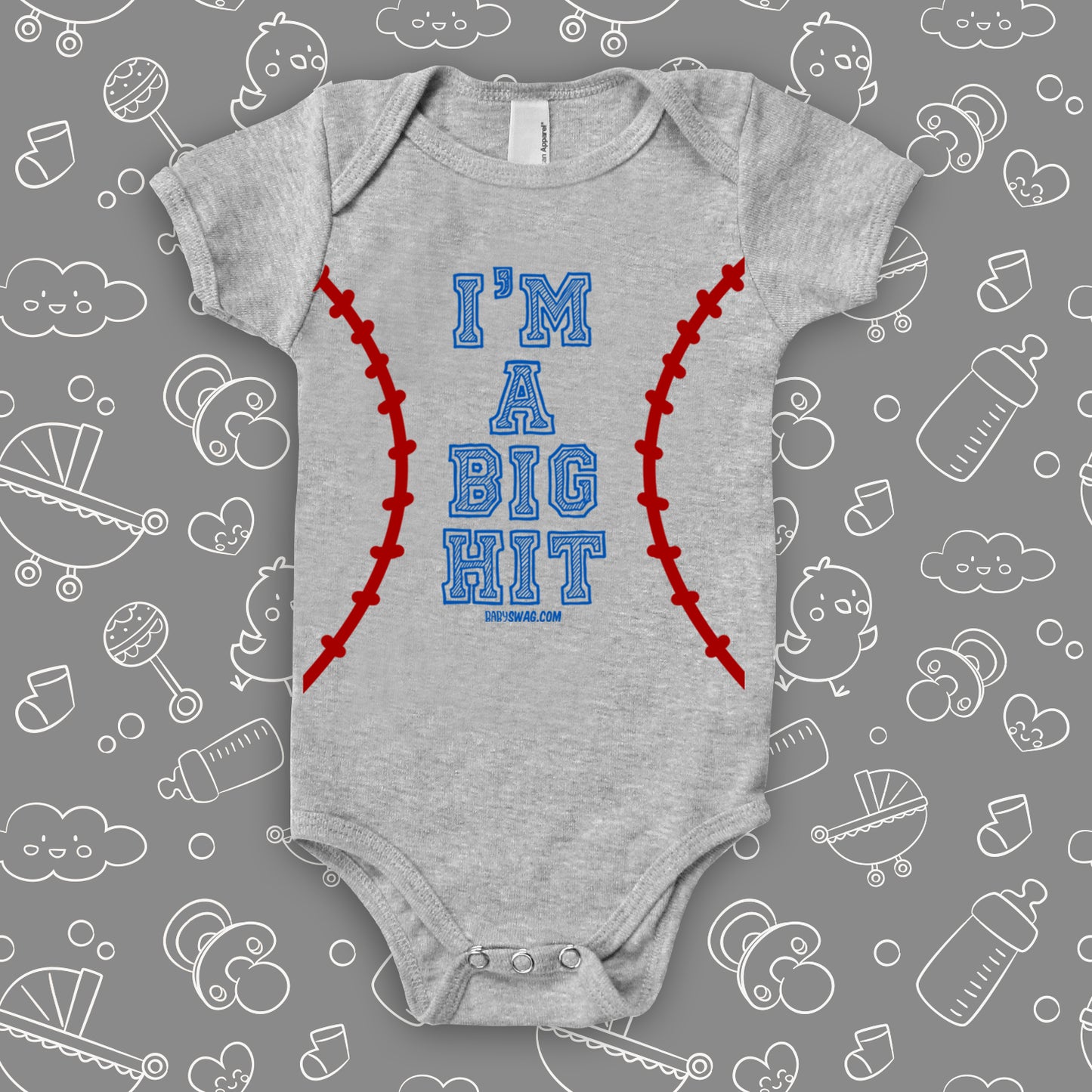 Funny baby onesies with saying "I'm A Big Hit" in grey.