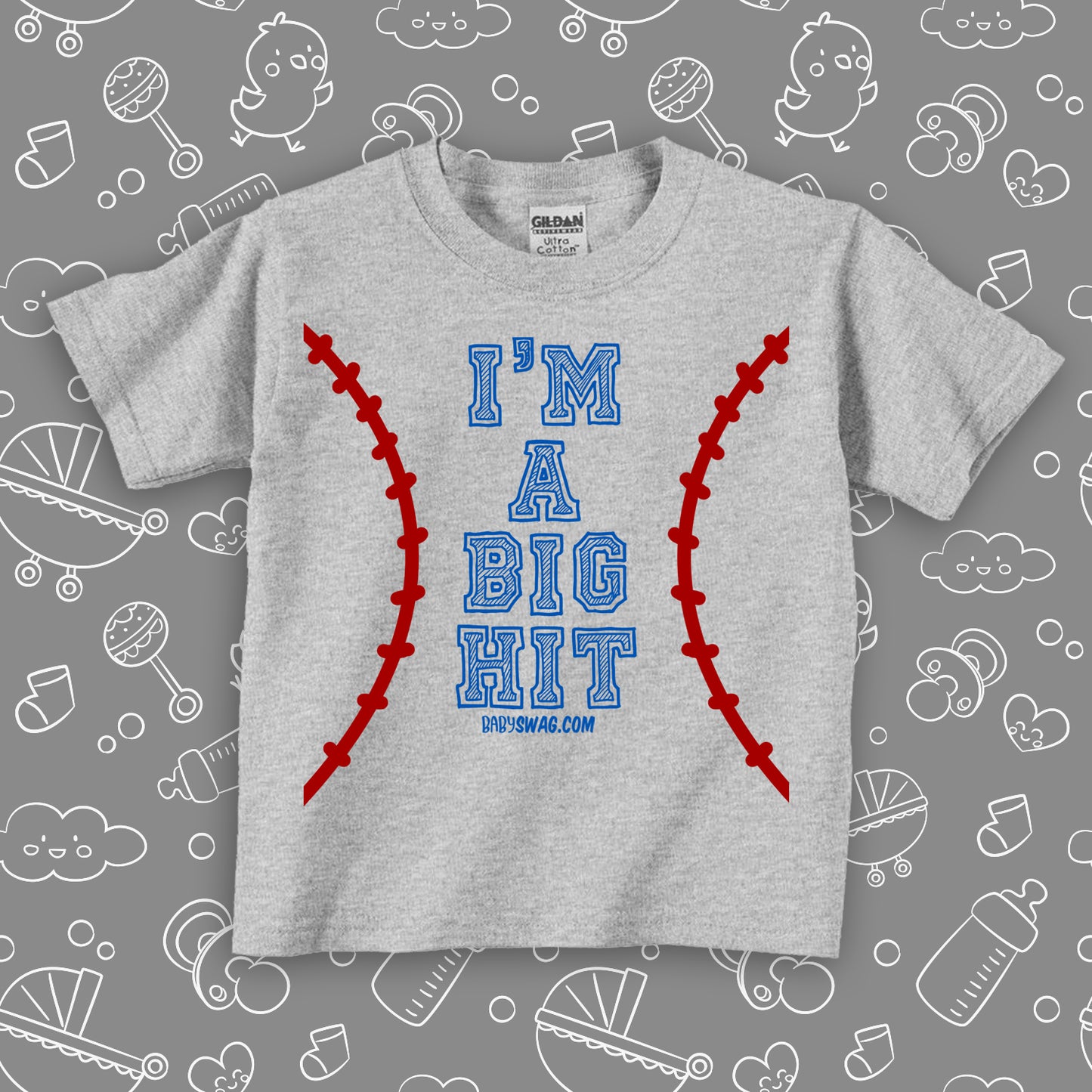 Funny toddler boy shirt with saying "I'm A Big Hit" in grey.