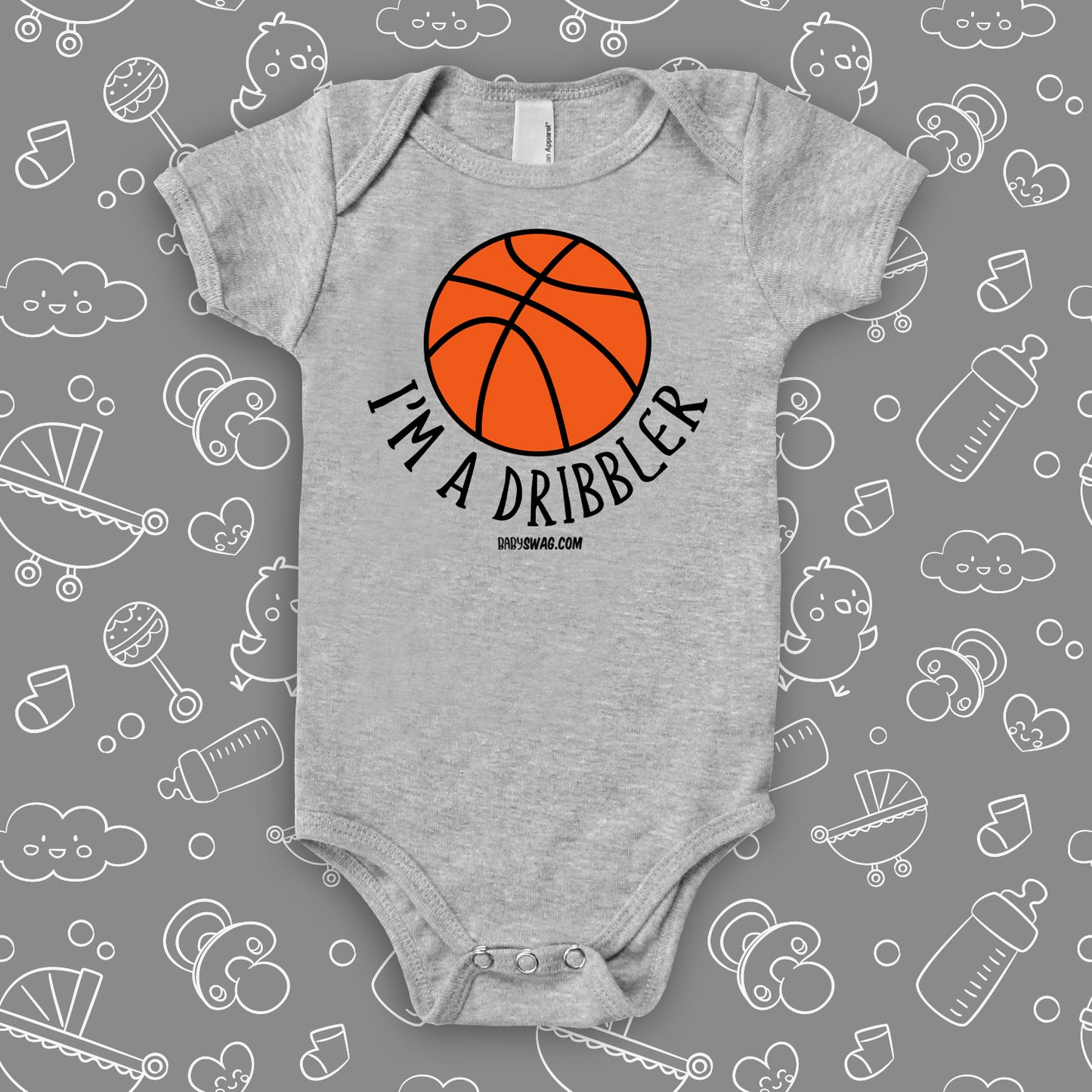 Baby boy onesies with saying "I'm A Dribbler" in grey.