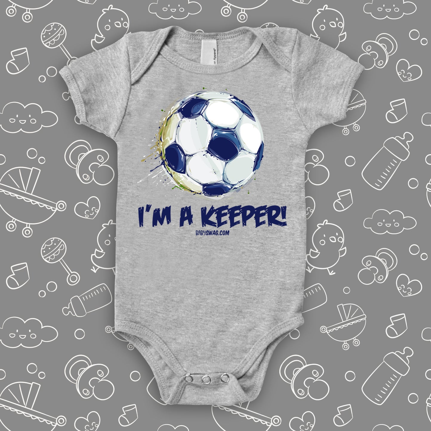 Cute baby boy onesies saying "I'm A Keeper" in grey.