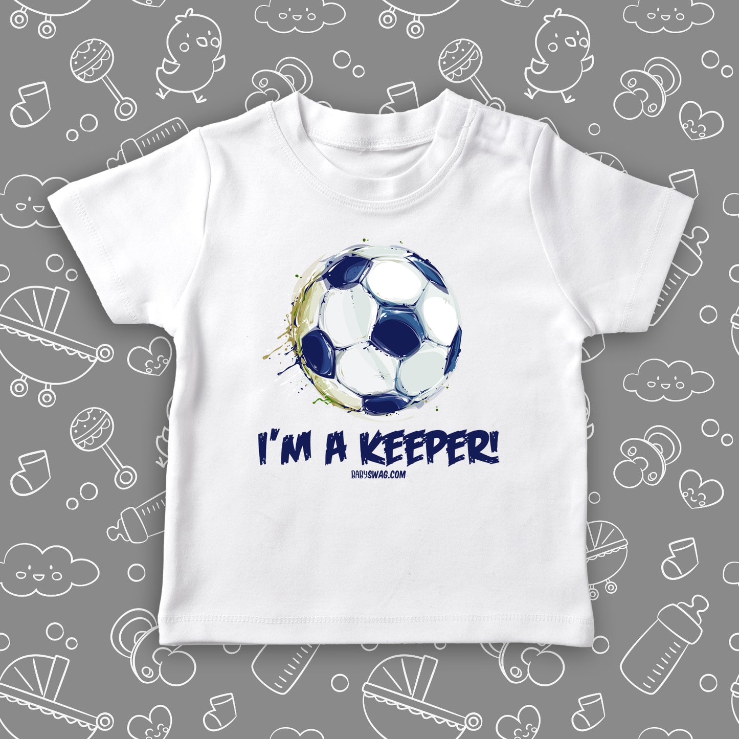 Toddler boy graphic tee with the caption "I'm A Keeper" in white.
