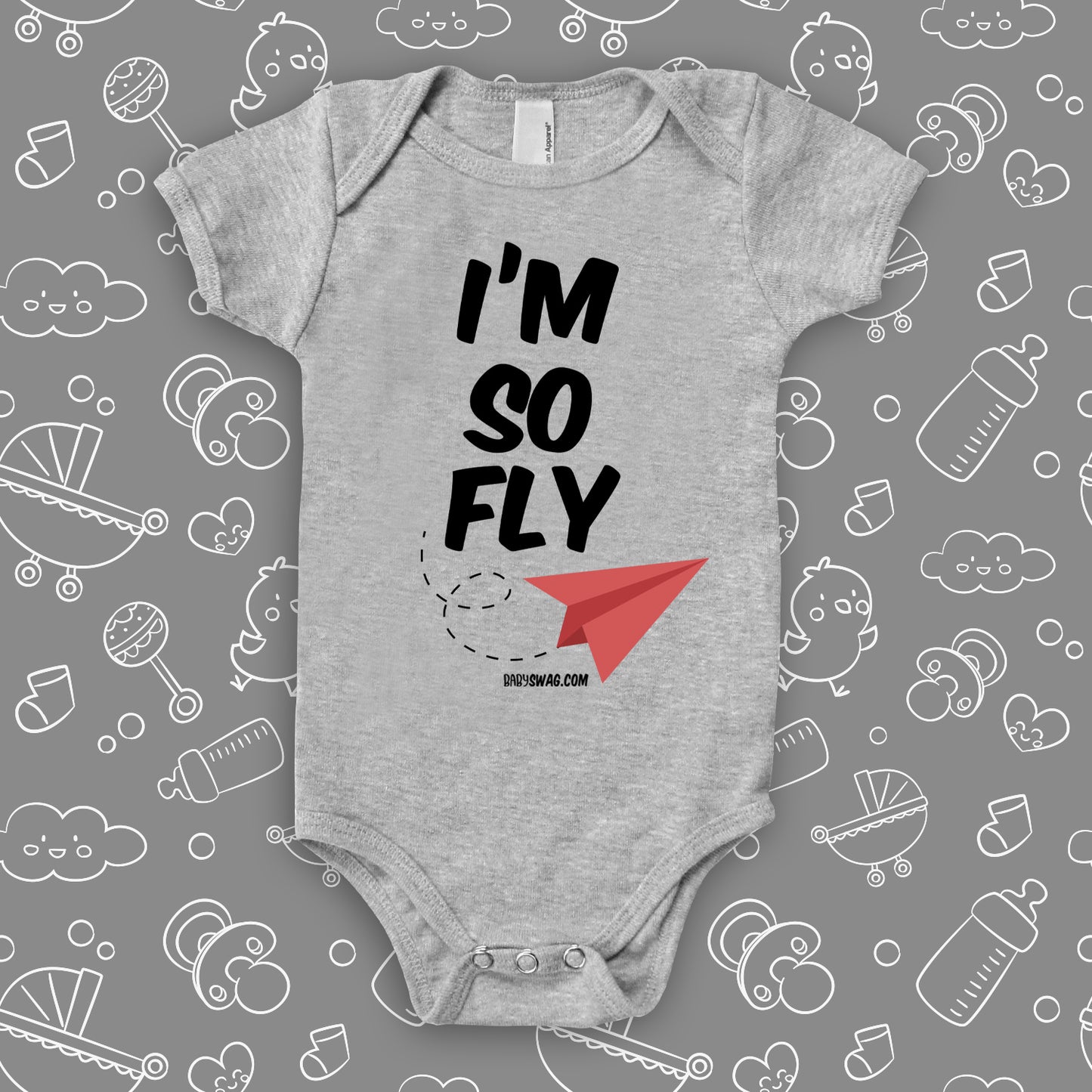 Unique baby onesies with saying "I'm So Fly" in grey.