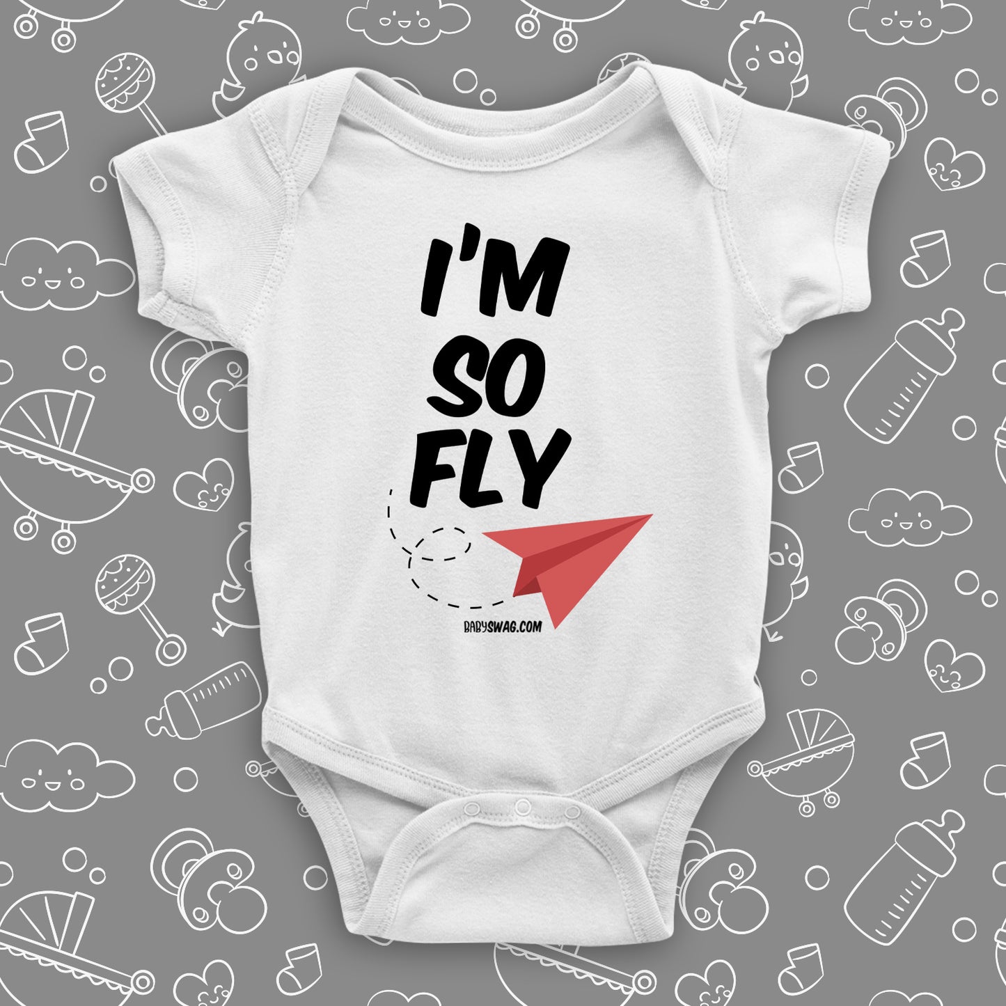 Unique baby onesies with saying "I'm So Fly" in white.