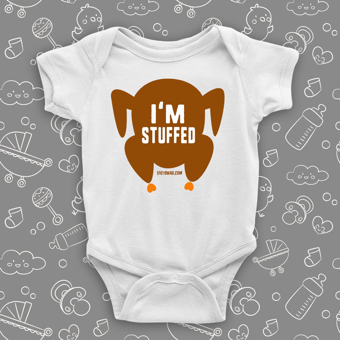 Hilarious baby onesies with saying "I'm Stuffed" and an image of roasted turkey in white.