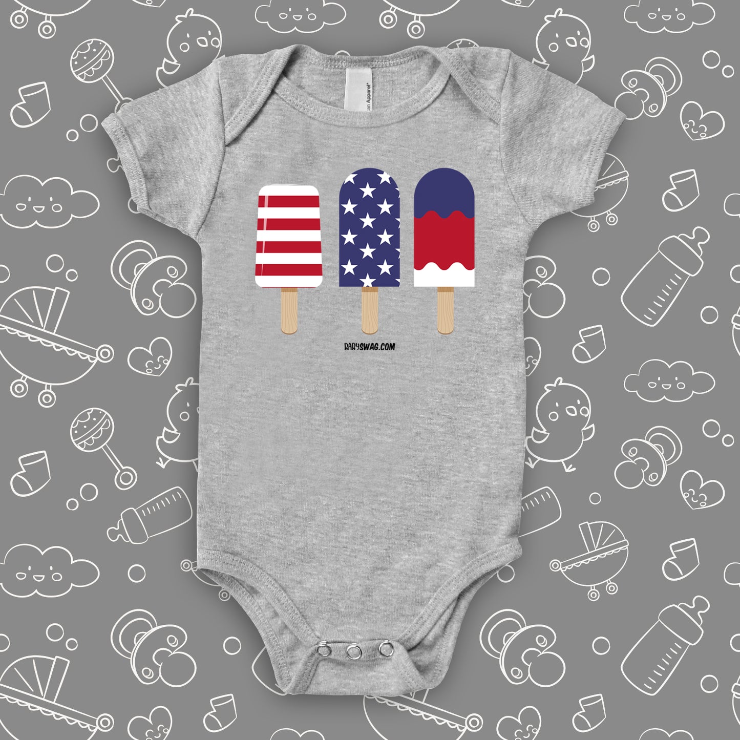 The "Independence Day Popsicle" cool baby onesies with three popsicles drawing in grey.
