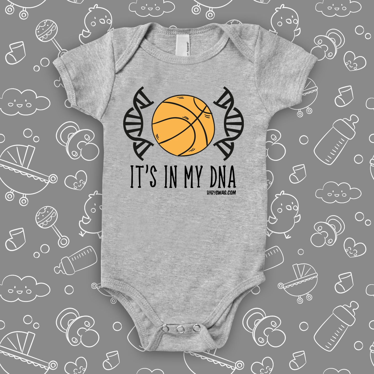 Cute baby boy onesie with saying "It's In My DNA" in grey.