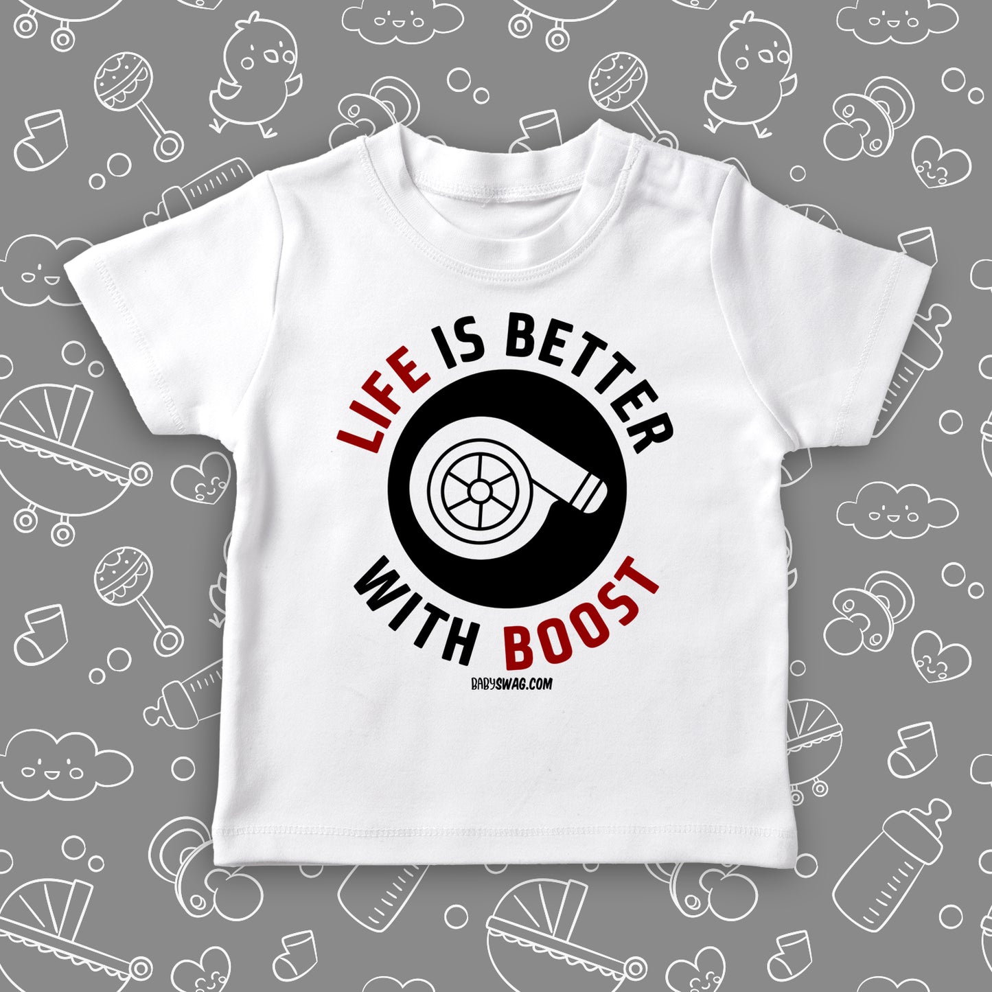 Toddler boy graphic tee with saying "Life Is Better With Boost" in white.