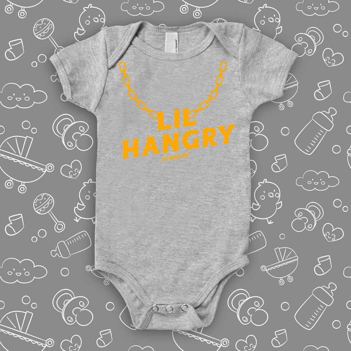"Lil' Hungry" cool baby onesies in grey.